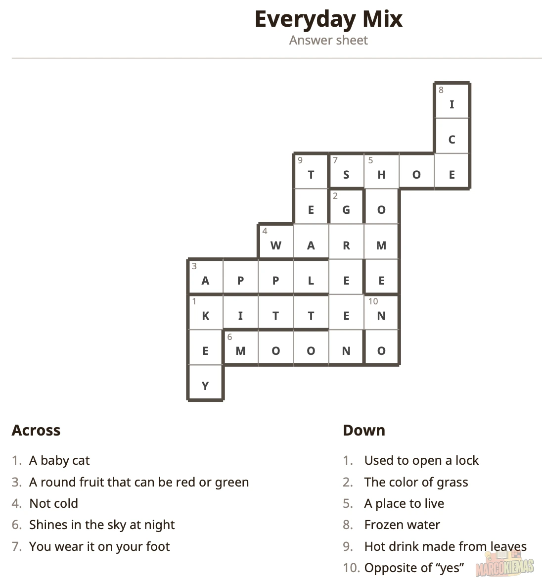 Crossword answer sheet